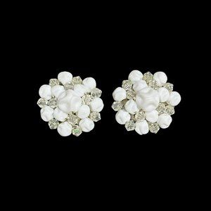 MCM White Acrylic Clear Crystal Cluster Starburst Clip-On Earrings Brass GERMANY